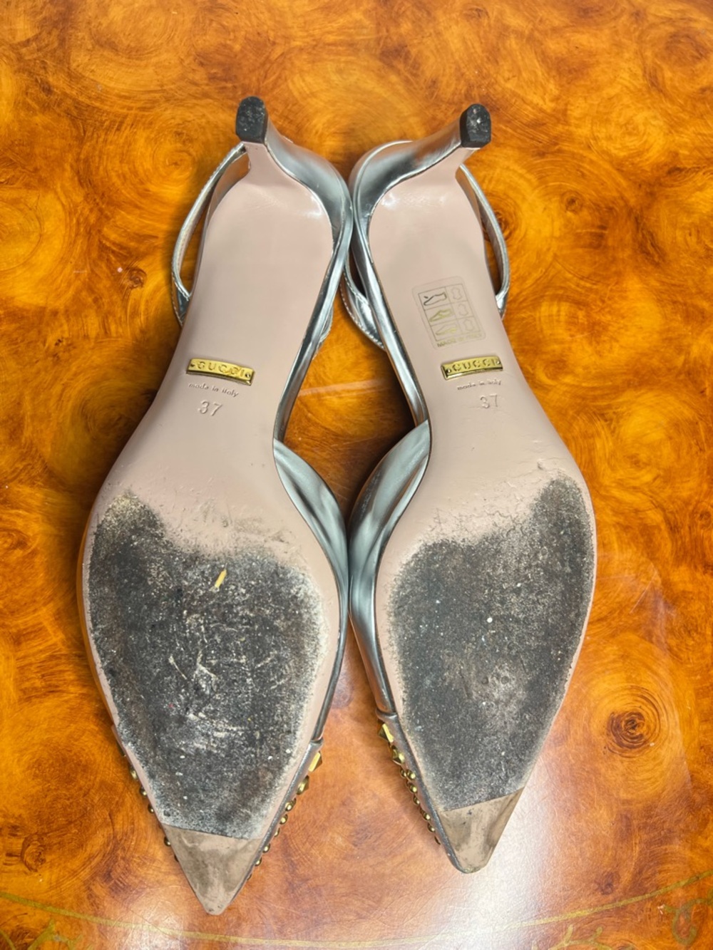 Metallic Silver Pointed Toe Slingback Flats with Gold Studs - Picture 6 of 7